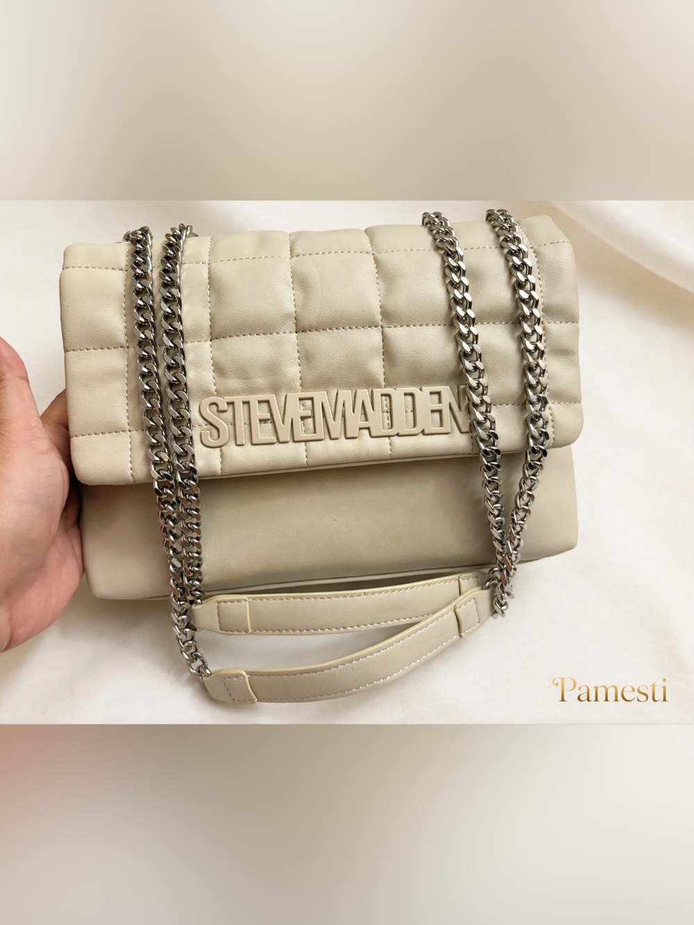 Steve Madden Quilted Cream Shoulder Bag with Silver Chain